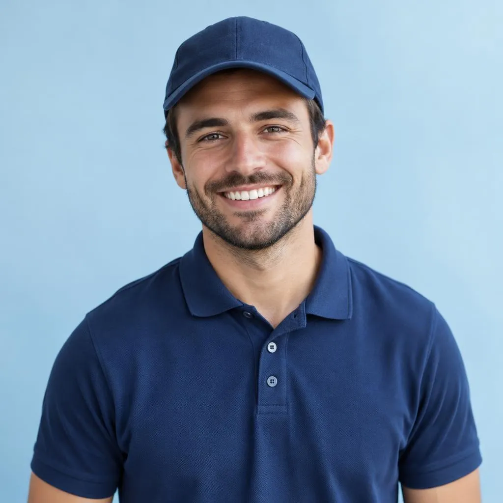 Friendly courier portrait in a navy polo