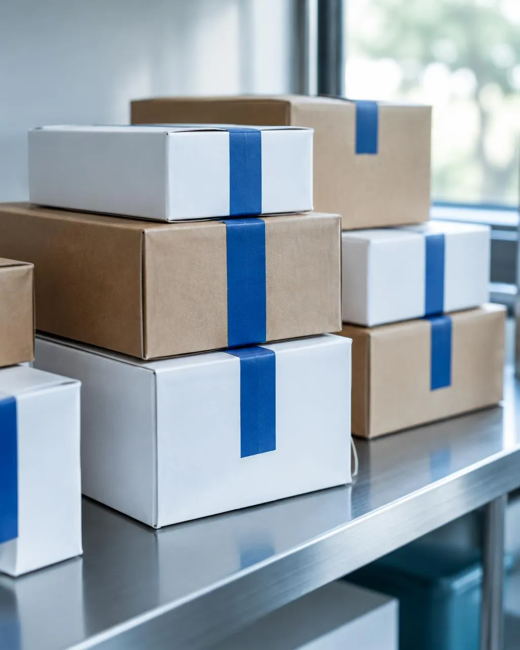 Sealed boxes with blue tape stacked on a clean steel shelf