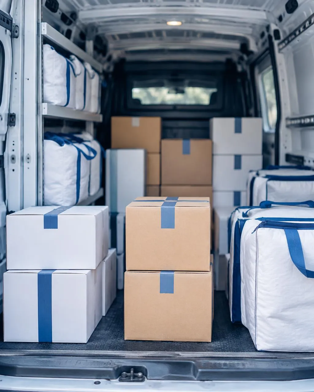Van cargo area organized with sealed boxes and padded totes