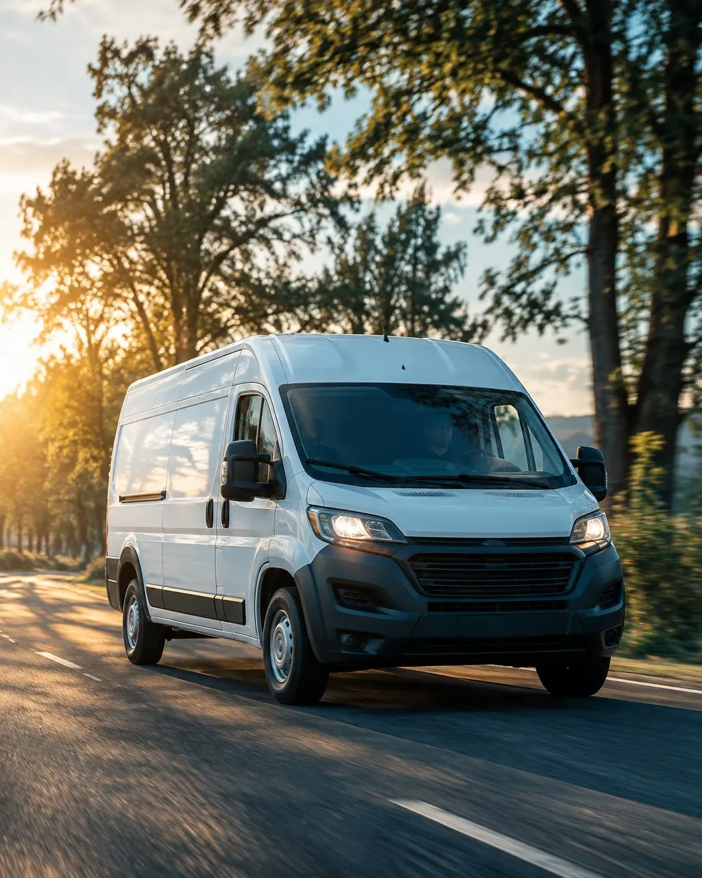 White van on a tree-lined road at golden hour