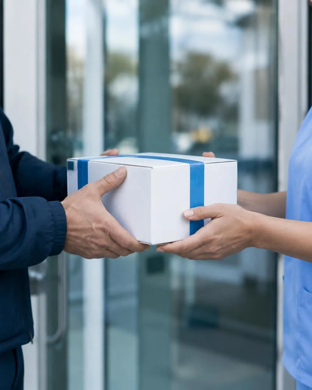 Two pairs of hands passing a sealed box at a clinic door