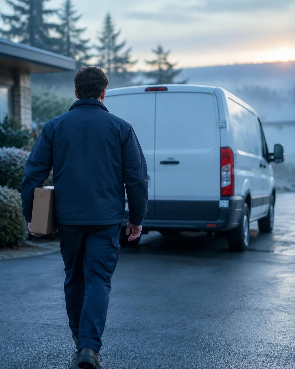 Courier walking to the van at dawn