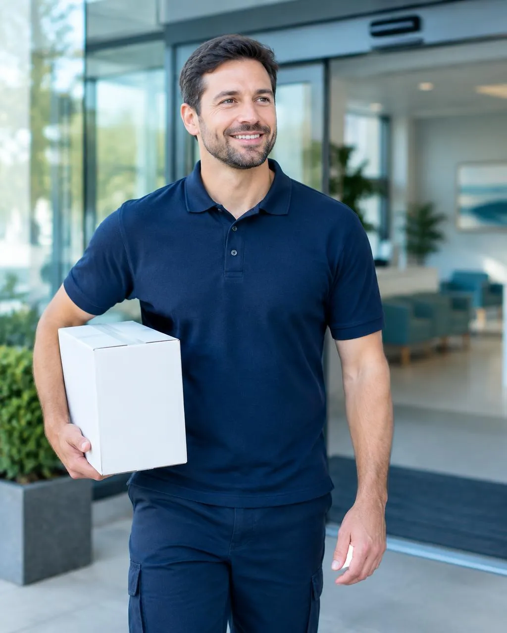 Courier smiling at a clinic entrance with a box under his arm