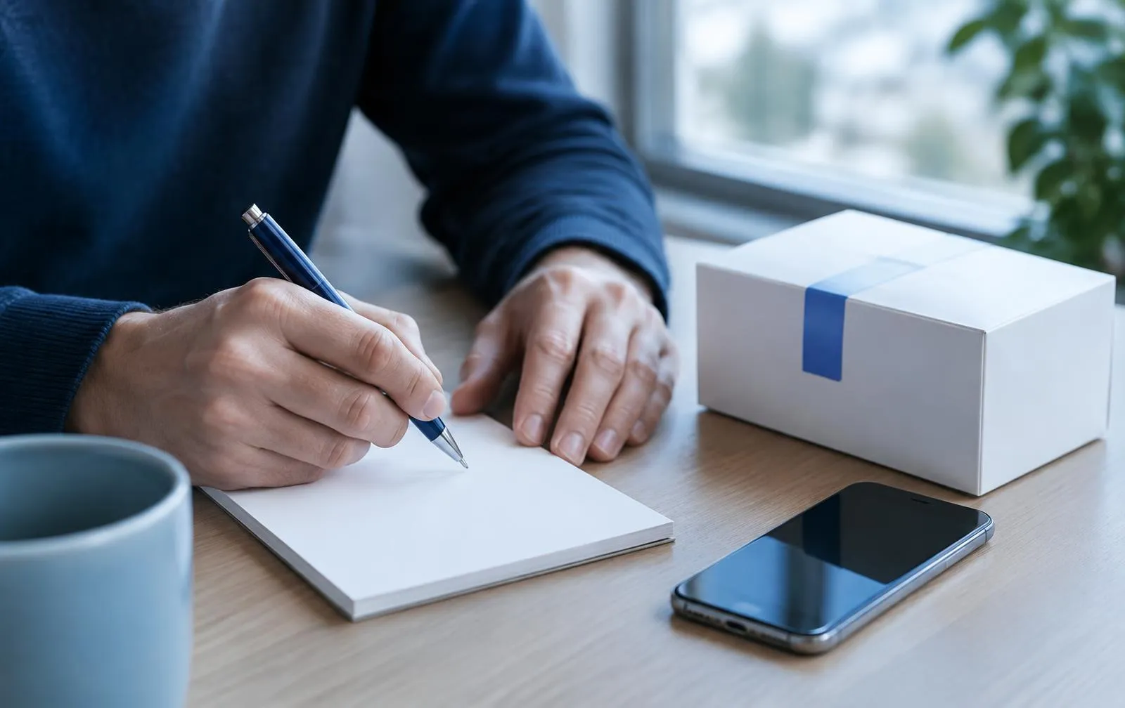 Hands writing pickup notes next to a phone and a sealed box