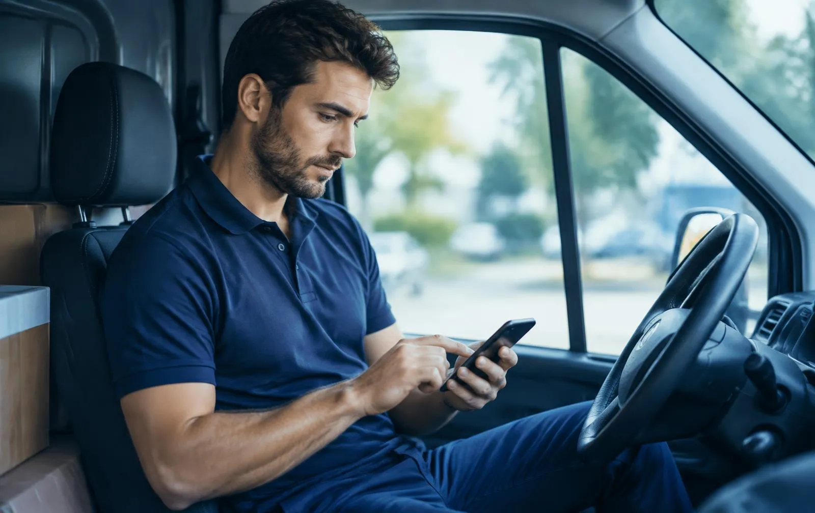 Courier in the driver seat reviewing delivery details on a phone