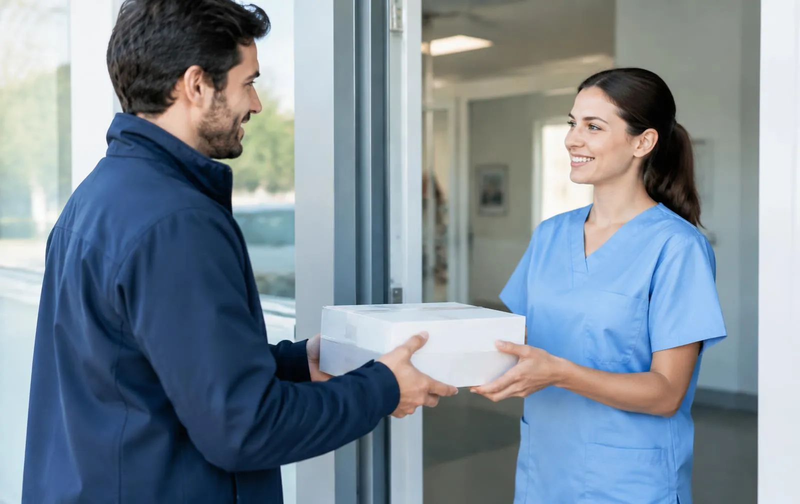 Courier handing a package to staff at a clinic doorway