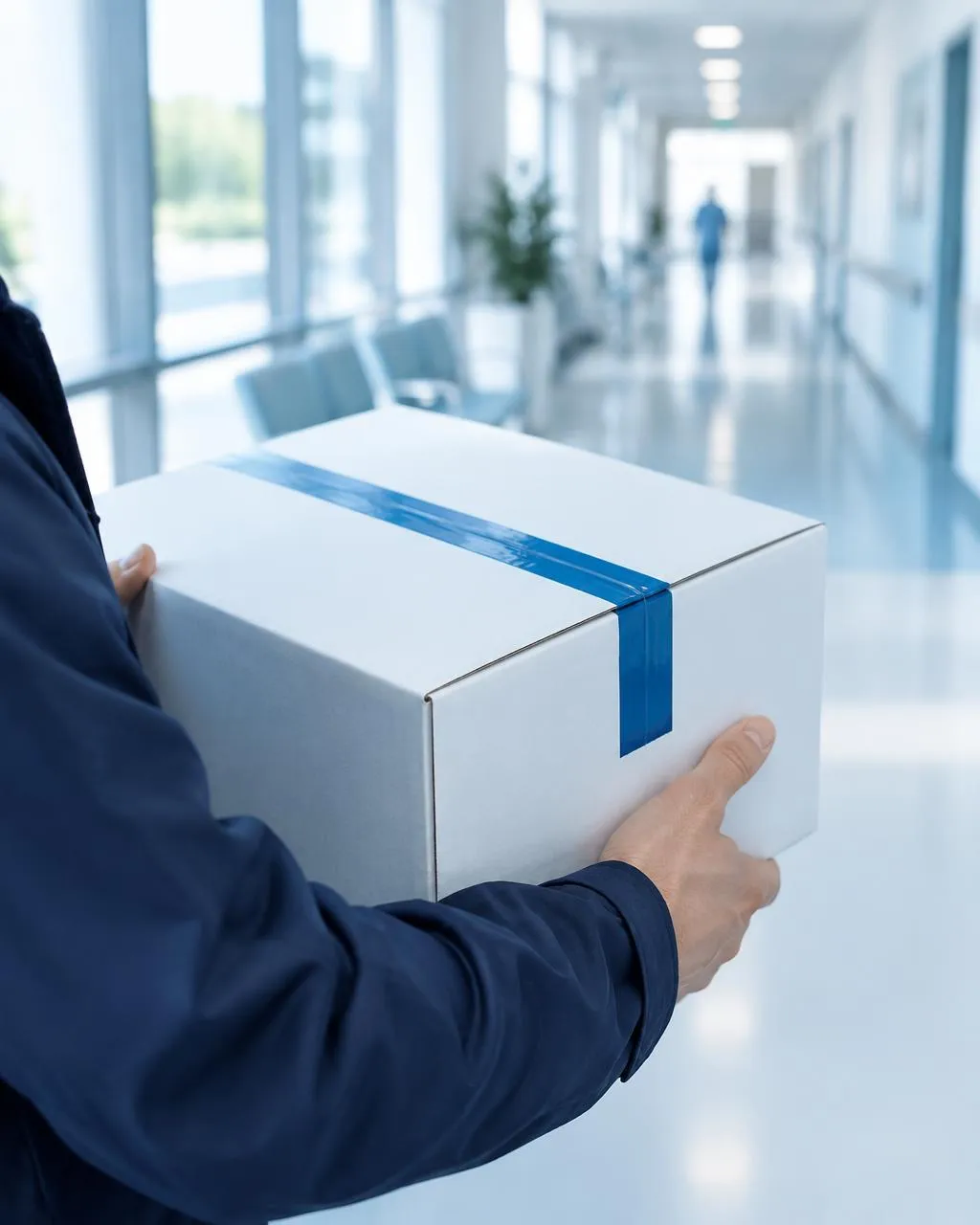 Courier carrying a sealed white medical supply box down a bright clinic corridor