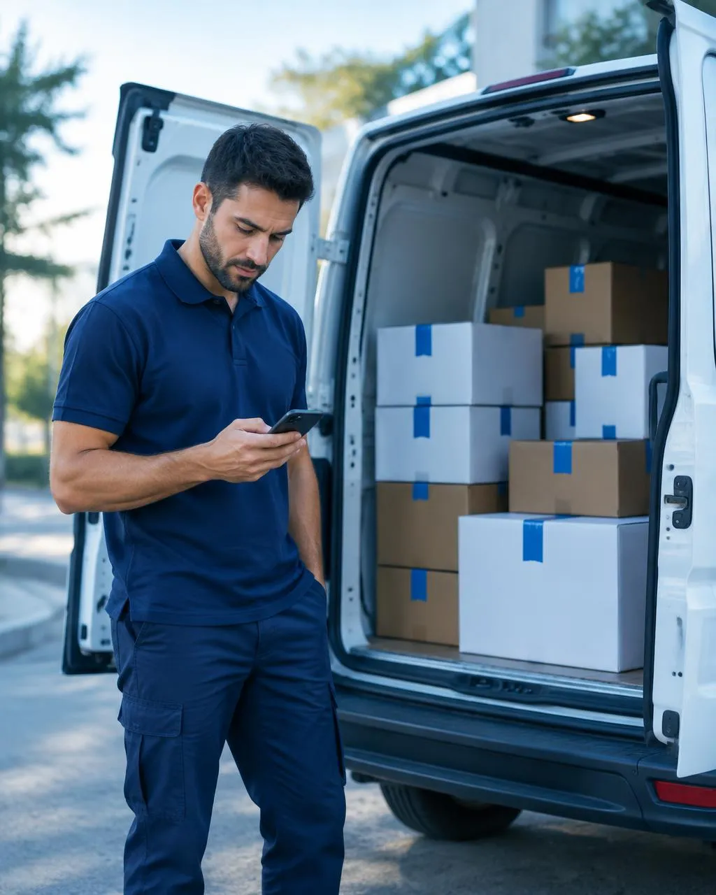 Courier checking a phone beside open van doors with neatly stacked sealed boxes