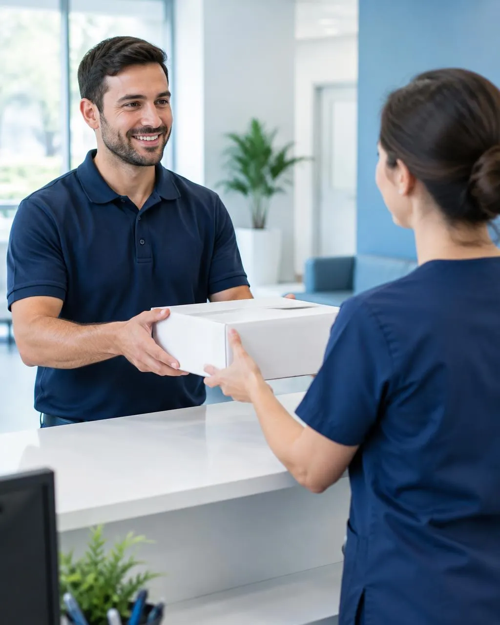 Smiling courier handing a sealed package to a healthcare worker at a reception counter